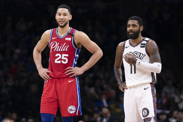 Ben Simmons #25 of the Philadelphia 76ers and Kyrie Irving #11 of the Brooklyn Nets