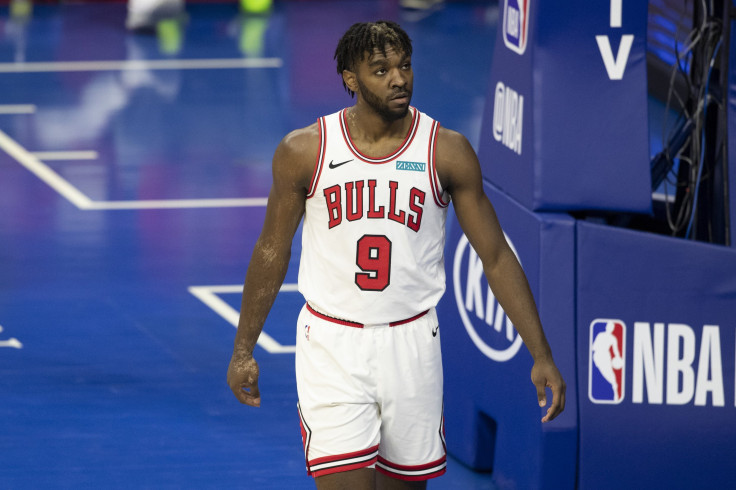 Patrick Williams #9 of the Chicago Bulls looks on against the Philadelphia 76ers at Wells Fargo Center on February 19, 2021 in Philadelphia, Pennsylvania. The 76ers defeated the Bulls 112-105.