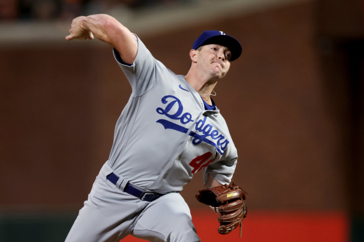 Corey Knebel #46 of the Los Angeles Dodgers pitches in the seventh inning against the San Francisco Giants during Game 2 of the National League Division Series at Oracle Park on October 09, 2021 in San Francisco, California.