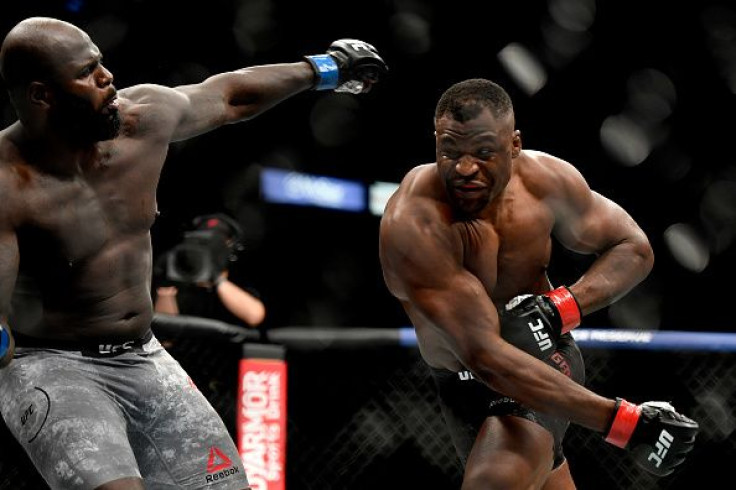 JACKSONVILLE, FLORIDA - MAY 09: Francis Ngannou (R) of Cameroon misses a punch against Jair Rozenstruik of Suriname in their Heavyweight fight during UFC 249 at VyStar Veterans Memorial Arena on May 09, 2020 in Jacksonville, Florida.