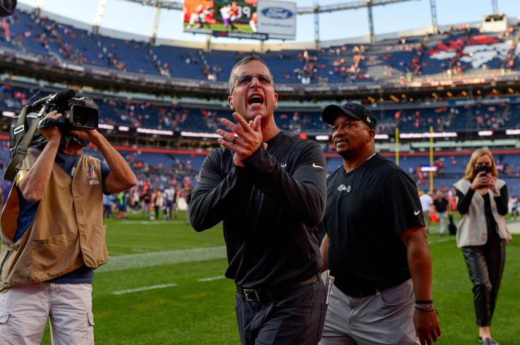 Head coach John Harbaugh of the Baltimore Ravens walks off the field after a 23-7 win over the Denver Broncos at Empower Field at Mile High on October 3, 2021 in Denver, Colorado. 