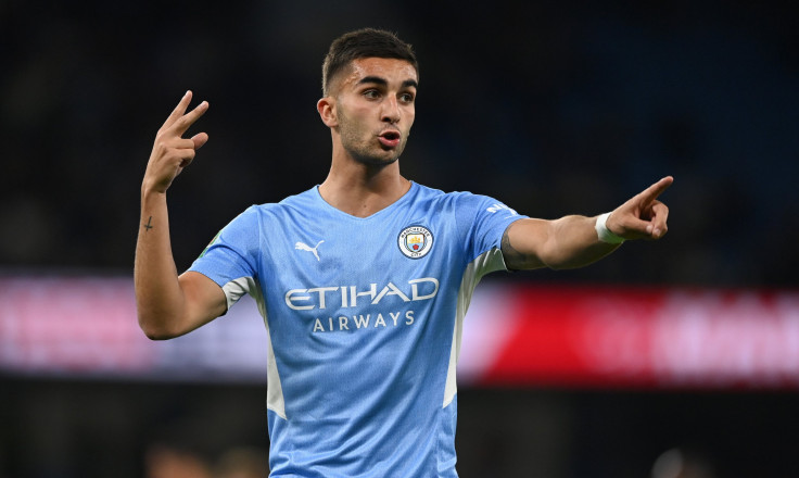 Ferran Torres of Manchester City during the Carabao Cup Third Round match between Manchester City and Wycombe Wanderers F.C. at Etihad Stadium on September 21, 2021 in Manchester, England.