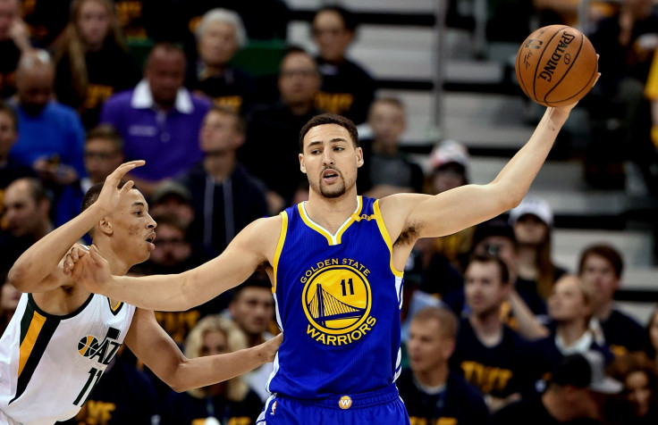 Klay Thompson, pictured controlling the ball while being defended by Dante Exum at Vivint Smart Home Arena on May 8, 2017 in Salt Lake City, wants the Golden State Warriors to play the Cleveland Cavaliers in the 2017 NBA Finals.