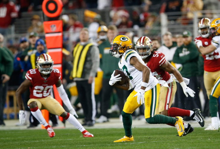 Davante Adams #17 of the Green Bay Packers runs after making a reception during the game against the San Francisco 49ers at Levi's Stadium on Jan. 19, 2020, in Santa Clara, California.