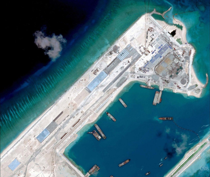 An aerial image shows construction on reclaimed land located in a disputed area of the South China Sea.