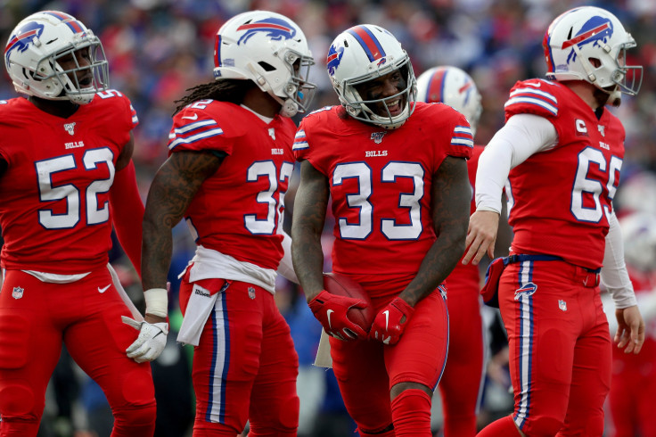 Buffalo Bills players react after downing a punt during the second quarter of an NFL game against the Baltimore Ravens at New Era Field on December 08, 2019 in Orchard Park, New York.