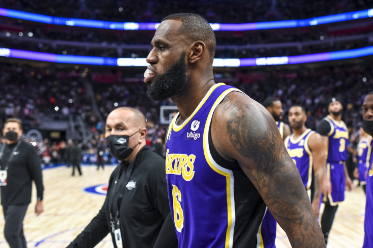 LeBron James #6 of the Los Angeles Lakers is ejected from the game during the third quarter of the game against the Detroit Pistons at Little Caesars Arena on November 21, 2021 in Detroit, Michigan.