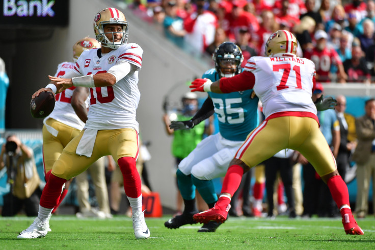 Jimmy Garoppolo #10 of the San Francisco 49ers looks to throw the ball during the first half against the Jacksonville Jaguars at TIAA Bank Field