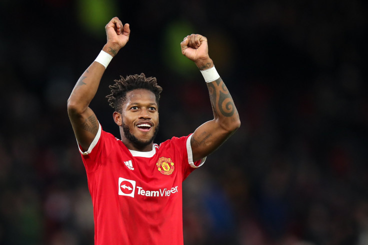 DECEMBER 05: Fred of Manchester United celebrates at full time during the Premier League match between Manchester United and Crystal Palace at Old Trafford on December 5, 2021 in Manchester, England.