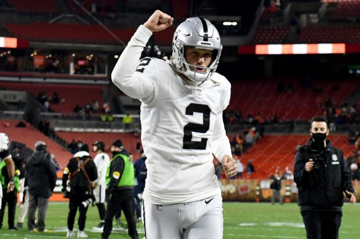 Las Vegas kicker Daniel Carlson celebrates after his game-winning field goal on the final play gave the Raiders an NFL victory at Cleveland.