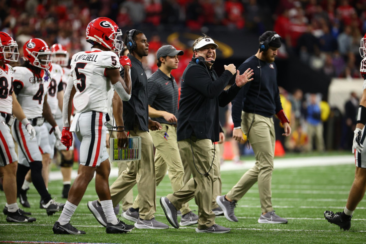 Head coach Kirby Smart of the Georgia Bulldogs reacts during the College Football Playoff Championship game against the Alabama Crimson Tide held at Lucas Oil Stadium on January 10, 2022 in Indianapolis, Indiana.