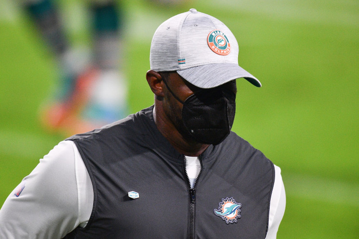Former head coach Brian Flores of the Miami Dolphins walks off the field following the teams 29-21 victory against the Los Angeles Chargers at Hard Rock Stadium on Nov. 15, 2020, in Miami Gardens, Florida. 