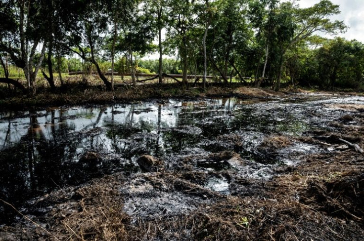 The pipeline's operator has been accused of delaying repairs on damaged parts of the Meraux Pipeline that were detected during a 2020 inspection. In photo: a man carries buckets while working to clean up an oil spill near a PDVSA pipeline in Voladero, Mon