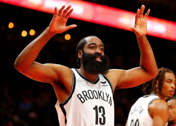 Brooklyn star James Harden reacts during an NBA game against the Atlanta Hawks