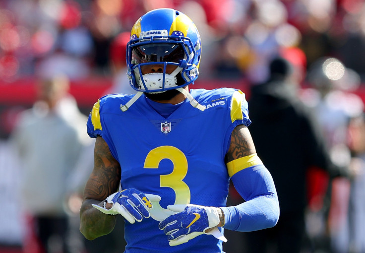 Odell Beckham Jr. #3 of the Los Angeles Rams warms up prior to facing the Tampa Bay Buccaneers in the NFC Divisional Playoff game at Raymond James Stadium on January 23, 2022 in Tampa, Florida.