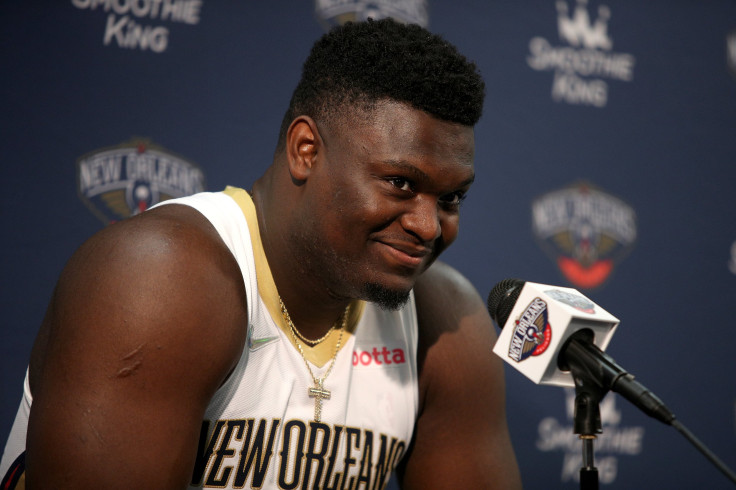 Zion Williamson #1 of the New Orleans Pelicans speaks to members of the media during Media Day at Smoothie King Center on September 27, 2021 in New Orleans, Louisiana.