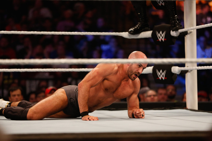 Cesaro recovers after a hit from Kevin Owens at the WWE SummerSlam 2015 at Barclays Center of Brooklyn on August 23, 2015 in New York City.