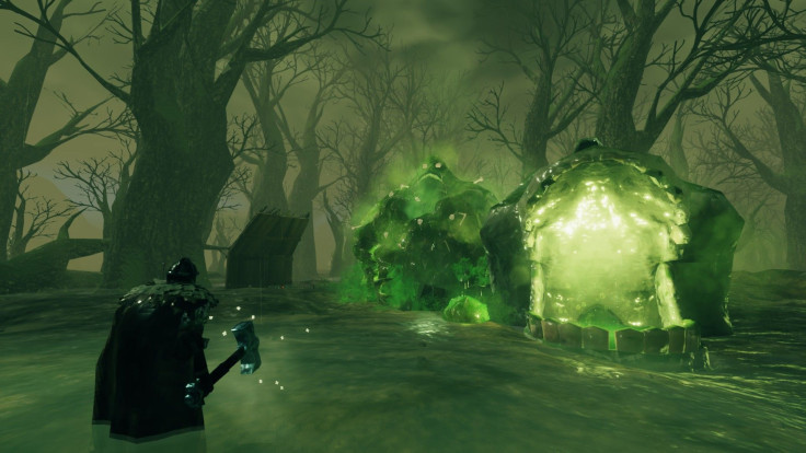 A player wielding Frostner about to throw down with Bonemass in Valheim.