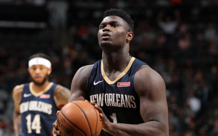 New Orleans Pelicans forward Zion Williamson shooting a free throw during an NBA game.