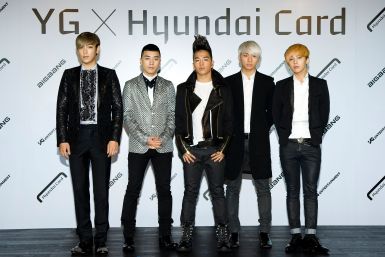 (Left to right) T.O.P, Seungri, Taeyang, Daesung and G-Dragon of Big Bang attend the Hyundai Card Collaboration With YG Entertainment in Seoul, June 5, 2012.