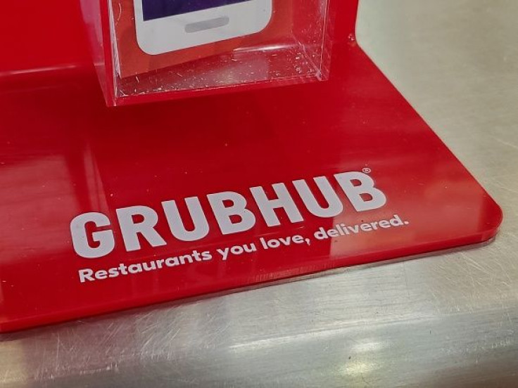 Close-up of logo for food delivery service Grubhub in a restaurant setting, October 13, 2019.
