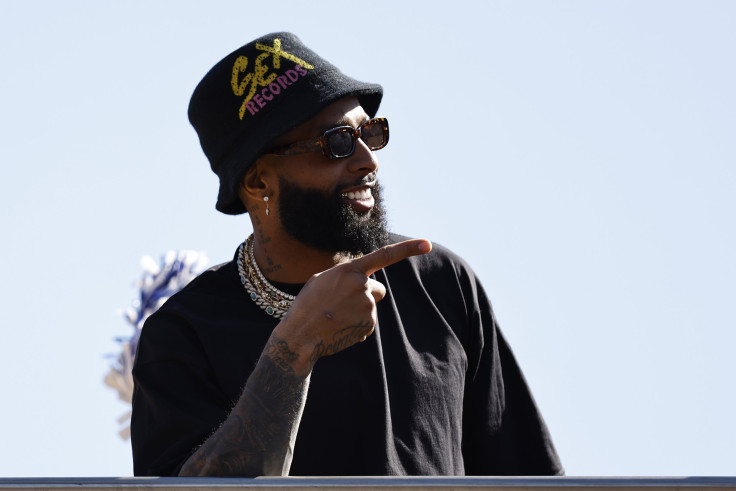 Odell Beckham Jr. #3 of the Los Angeles Rams celebrates during the Super Bowl LVI Victory Parade on February 16, 2022 in Los Angeles, California.