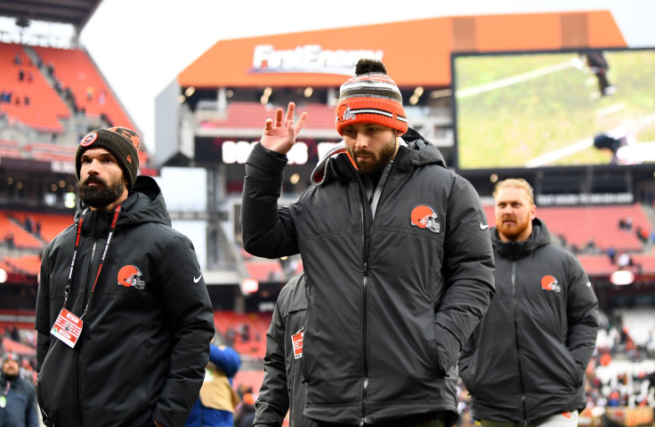 Baker Mayfield #6 of the Cleveland Browns reacts as he walks off the field after Cleveland defeated the Cincinnati Bengals 21-1 at FirstEnergy Stadium on January 09, 2022 in Cleveland, Ohio.