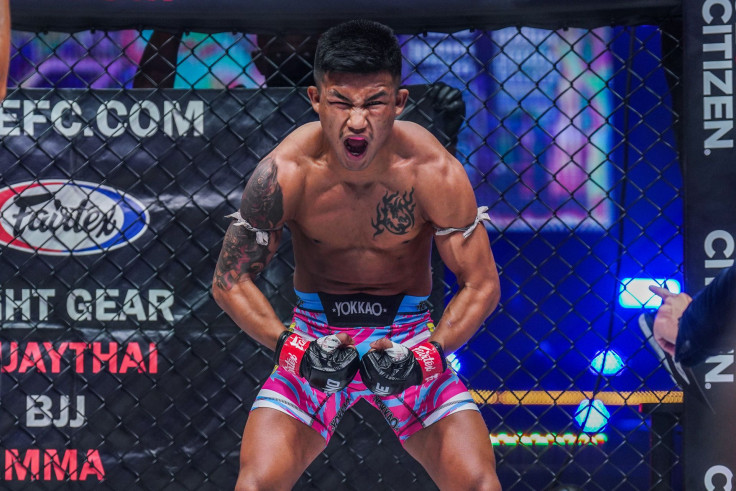 ONE Flyweight Muay Thai champion Rodtang Jitmuangnon screams inside the cage.