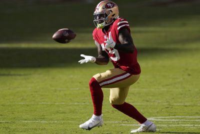 Deebo Samuel #19 of the San Francisco 49ers catches a pass against the Miami Dolphins during the second half of their NFL football game at Levi's Stadium on October 11, 2020 in Santa Clara, California. Miami won the game 43-17.