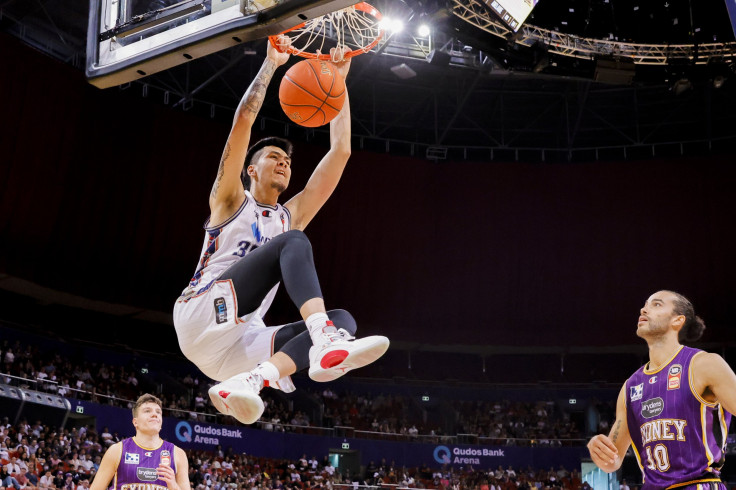 Kai Sotto of the 36ers slam dunks during the round 20 NBL match between Sydney Kings and Adelaide 36ers at Qudos Bank Arena on April 17, 2022, in Sydney, Australia.