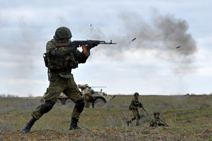 Russian military troops take part in a military drill on Sernovodsky polygon close to the Chechnya border, some 260 km from south Russian city of Stavropol, on March 19, 2015.