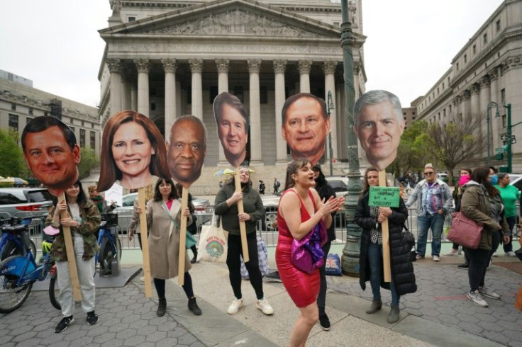 Protesters demonstrate in reaction to the leak of the US Supreme Court draft abortion ruling on May 3, 2022 in New York