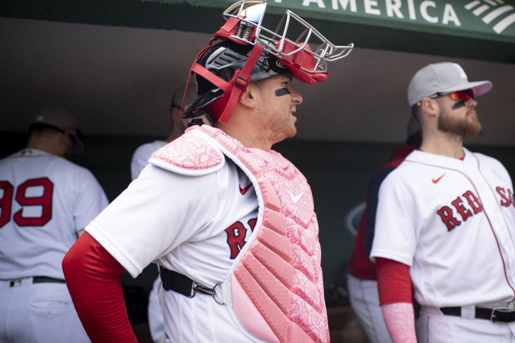 Christian Vázquez #7 of the Boston Red Sox reacts in the dugout before a game against the Chicago White Sox at Fenway Park on May 8, 2022 in Boston, Massachusetts. 