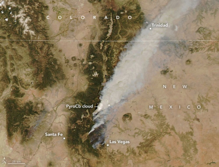 Pictured: Satellite image of the pyrocumulonimbus cloud formed during the Calf Canyon-Hermit Peaks Fire in New Mexico. This was taken by the MODIS Instrument on the Aqua satellite on May 10, 2022.