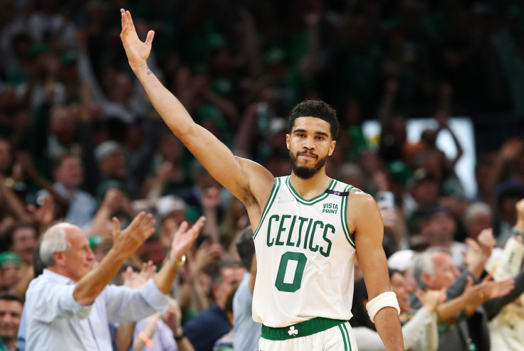 Jayson Tatum #0 of the Boston Celtics gestures during the fourth quarter in Game Seven of the 2022 NBA Playoffs Eastern Conference Semifinals against the Milwaukee Bucks at TD Garden on May 15, 2022 in Boston, Massachusetts.