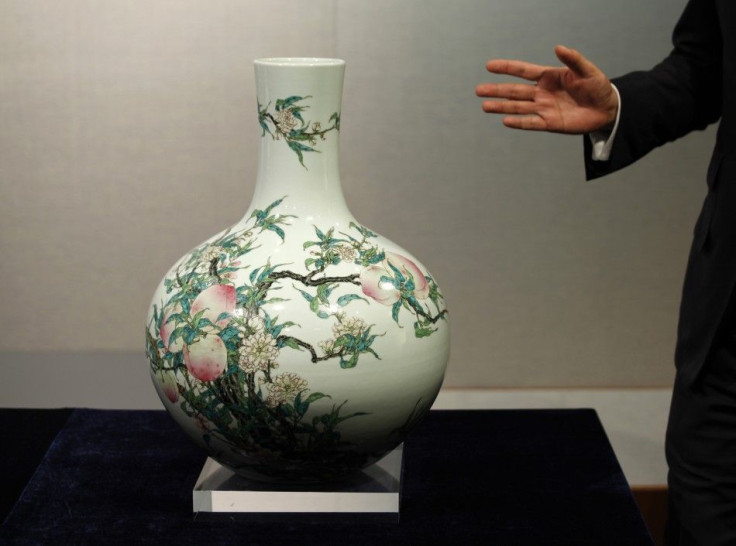 A peach vase is shown at Sotheby's preview in Hong Kong