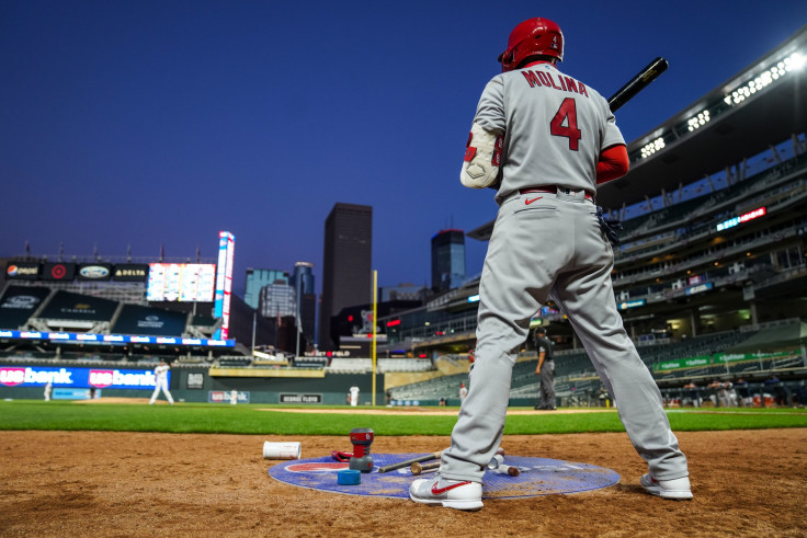 Yadier Molina #4 of the St. Louis Cardinals looks on against the Minnesota Twins on July 28, 2020 at the Target Field in Minneapolis, Minnesota.