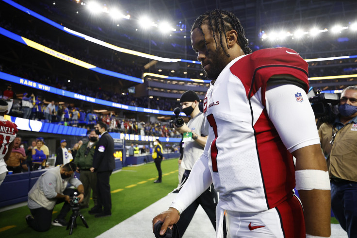 Kyler Murray #1 of the Arizona Cardinals walks off the field after losing to the Los Angeles Rams 34-11 in the NFC Wild Card Playoff game at SoFi Stadium on January 17, 2022 in Inglewood, California.