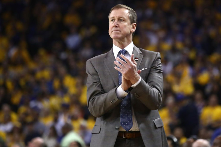 Terry Stotts of the Portland Trail Blazers looks on in game two of the NBA Western Conference Finals against the Golden State Warriors at ORACLE Arena on May 16, 2019 in Oakland, California. 