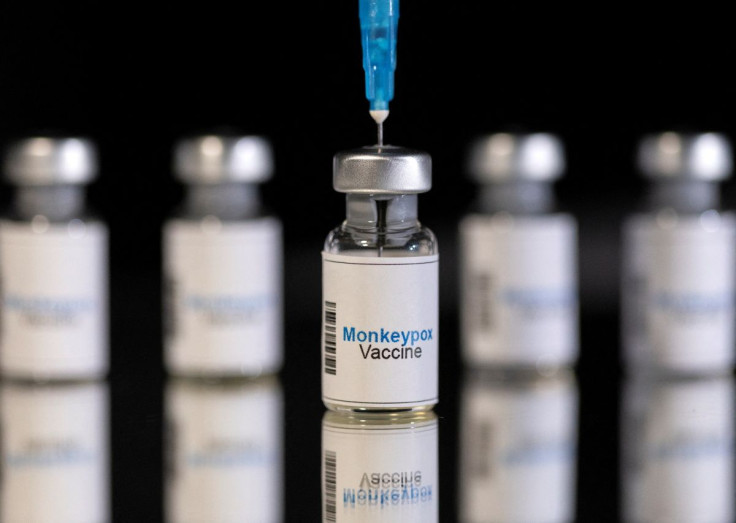 Mock-up vials labeled "Monkeypox vaccine" and medical syringe are seen in this illustration taken, May 25, 2022.