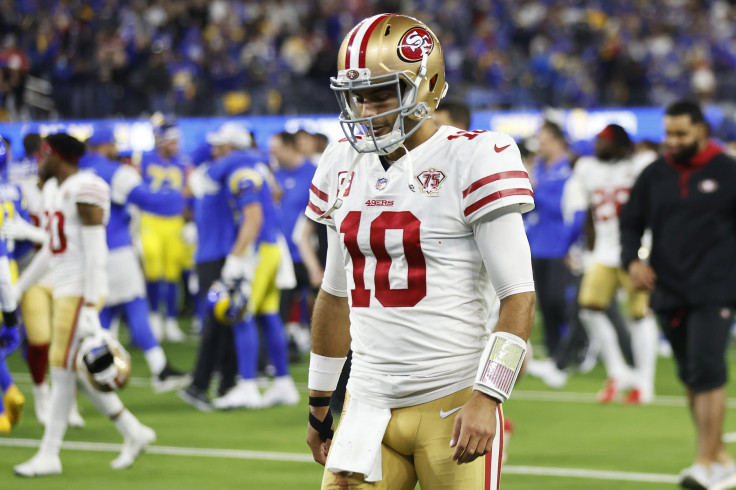Jimmy Garoppolo #10 of the San Francisco 49ers walks off the field after being defeated by the Los Angeles Rams in the NFC Championship Game at SoFi Stadium on January 30, 2022 in Inglewood, California. The Rams defeated the 49ers 20-17.