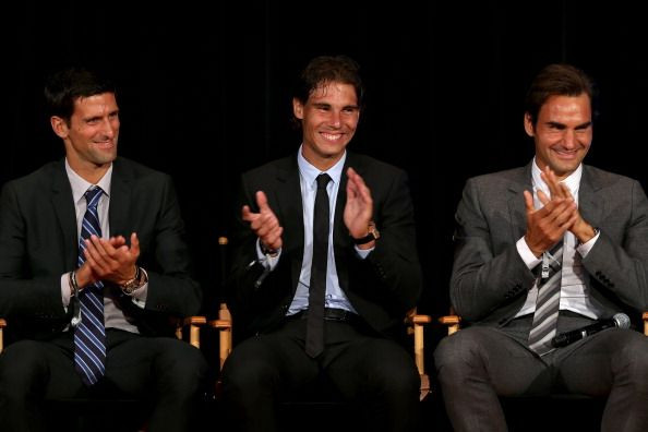 Novak Djokovic, Rafael Nadal and Roger Federer are the three most successful players playing today. Pictured: Novak Djokovic of Serbia; Rafael Nadal of Spain and Roger Federer of Switzerland on stage during the ATP Heritage Celebration at the Waldorf=Asto