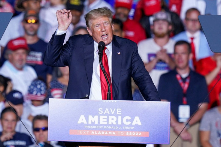 Former U.S. President Donald Trump speaks during a rally in Cullman, Alabama, U.S., August 21, 2021.