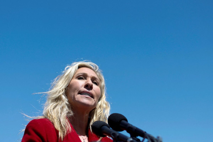 U.S. Representative Marjorie Taylor Greene (R-GA) holds a news conference about her suspended Twitter account and the impending sale of Twitter at the U.S. Capitol in Washington, U.S. April 28, 2022.  