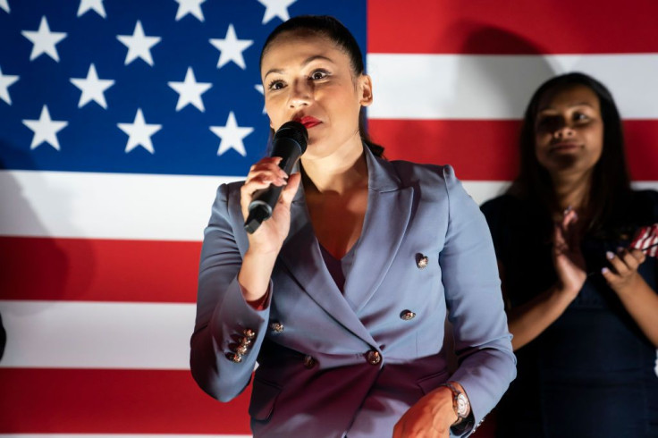 esli Vega gives a victory speech following her Republican primary win for the 7th Congressional District during an election night event on June 21, 2022 in Woodbridge, Virginia