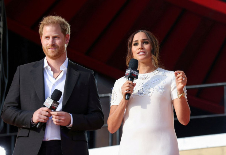 Britain's Prince Harry and Meghan Markle speak at the 2021 Global Citizen Live concert at Central Park in New York, U.S., September 25, 2021. Picture taken September 25, 2021.