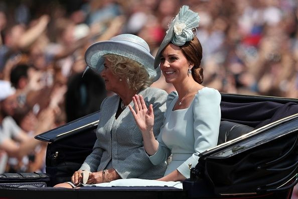 Camilla Parker Bowles and Kate Middleton return in a horse-drawn carriage after attending the Queen's Birthday Parade, 'Trooping the Colour' on Horseguards parade in London on June 9, 2018.
