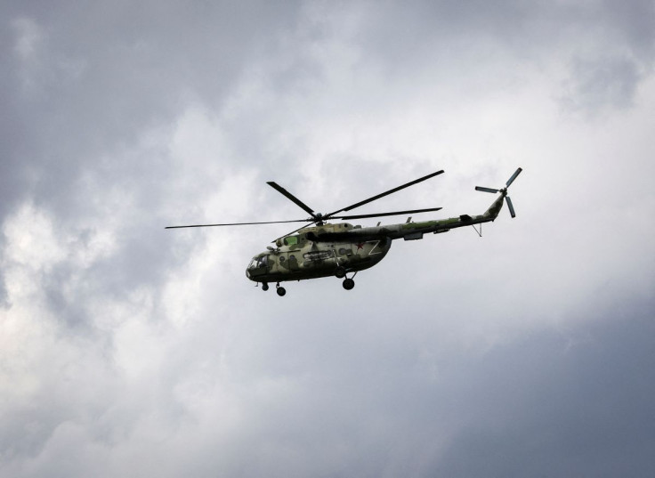 Russian army helicopter flies during Ukraine-Russia conflict over the town of Popasna in the Luhansk region, Ukraine July 14, 2022. 