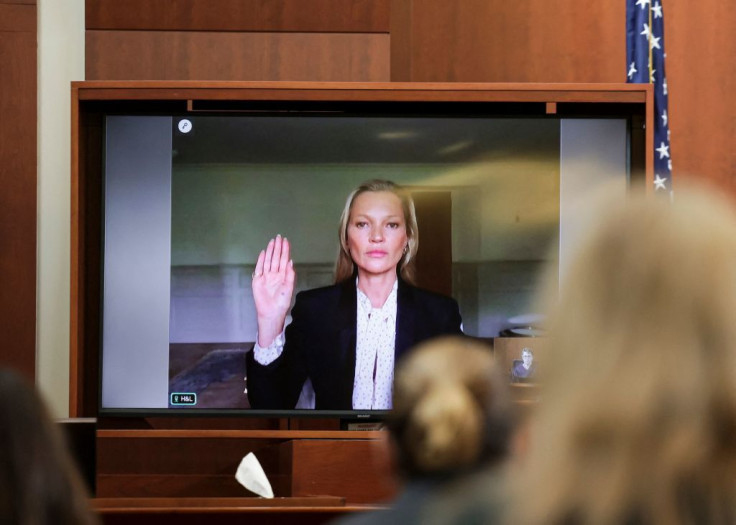TOPSHOT - Model Kate Moss is sworn in via video link at the Fairfax County Circuit Courthouse in Fairfax, Virginia, on May 25, 2022. - Actor Johnny Depp is suing ex-wife Amber Heard for libel after she wrote an op-ed piece in The Washington Post in 2018 r