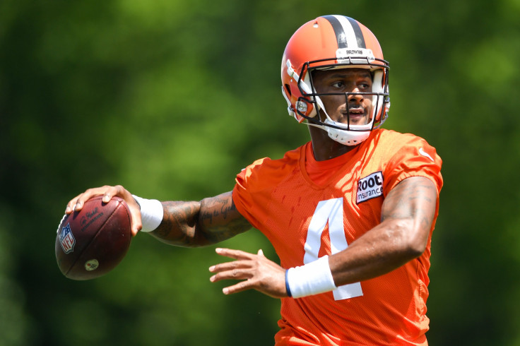 Deshaun Watson #4 of the Cleveland Browns throws a pass during Cleveland Browns training camp at CrossCountry Mortgage Campus on July 30, 2022 in Berea, Ohio.